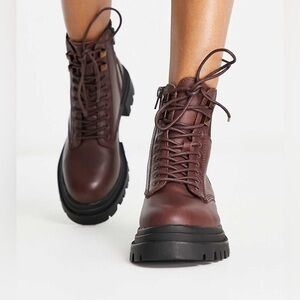 ALDO Leap Chunky Lace-up Ankle Boots in Burgundy Leather Lug Soles Size 8.5